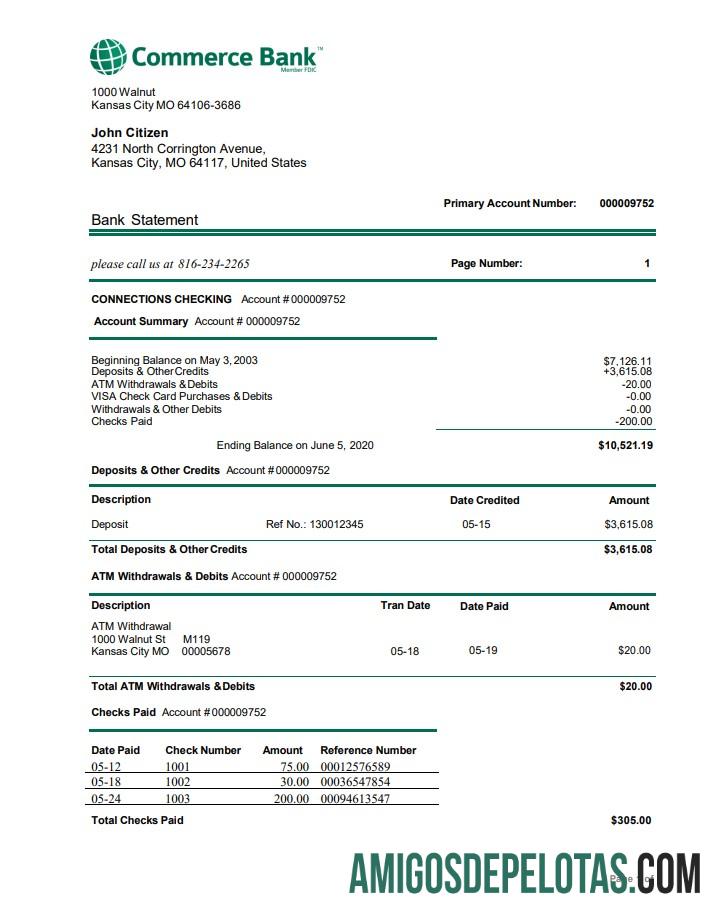 Modelo de comprovante de endereço do USA Commerce Bank para download em formato Word e PDF